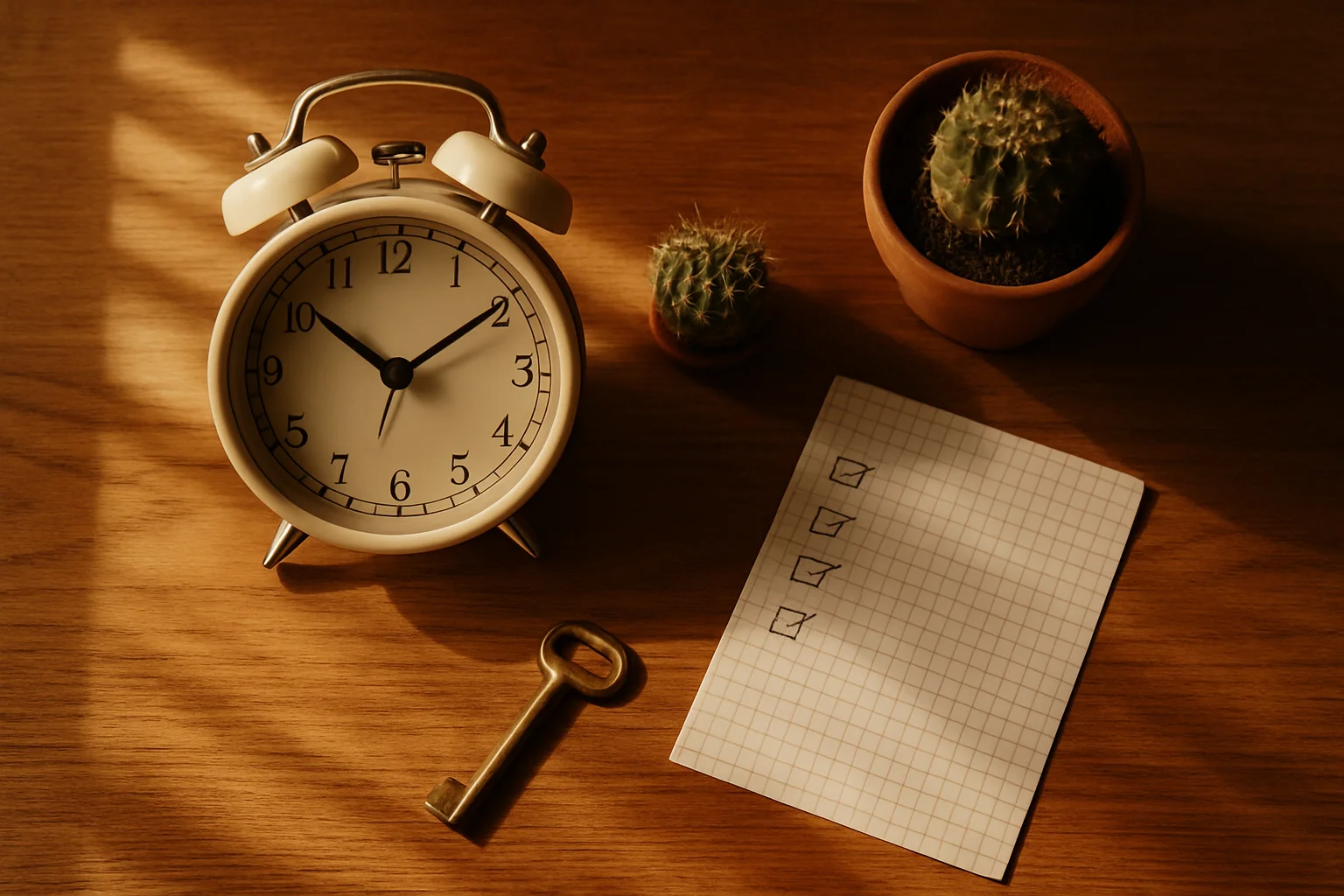 Checkliste und Schlüssel auf einem Holzschreibtisch – Symbol für automatische Kundengewinnung durch eine optimierte Unternehmenswebsite