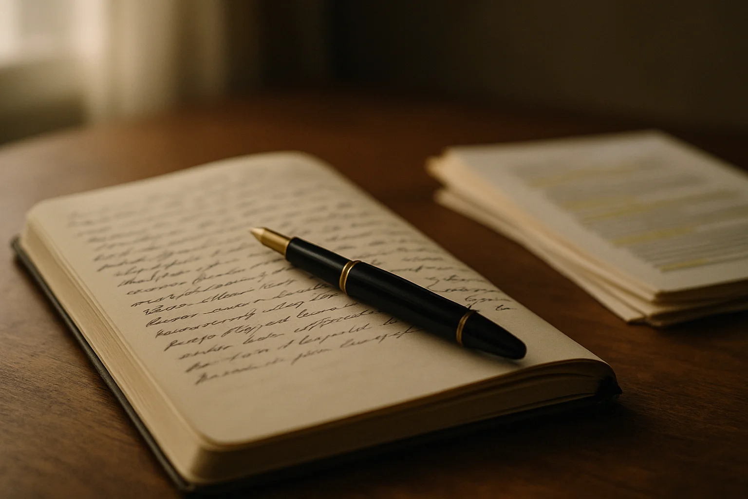 Aufgeschlagenes Notizbuch mit handschriftlichen Notizen und Füller – symbolisiert Website-Content-Strategie für Unternehmen