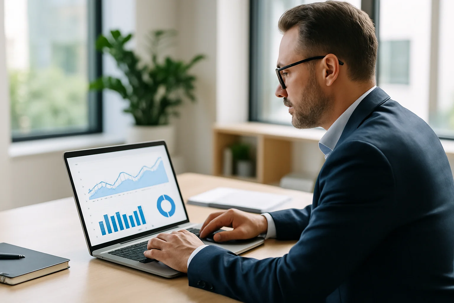 Unternehmer analysiert Conversion-Rate seiner Website am Laptop – mehr Anfragen durch Website-Optimierung