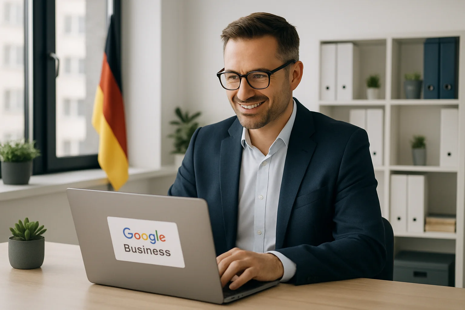 Unternehmer optimiert sein Google Business Profil am Laptop – lokale SEO für KMU