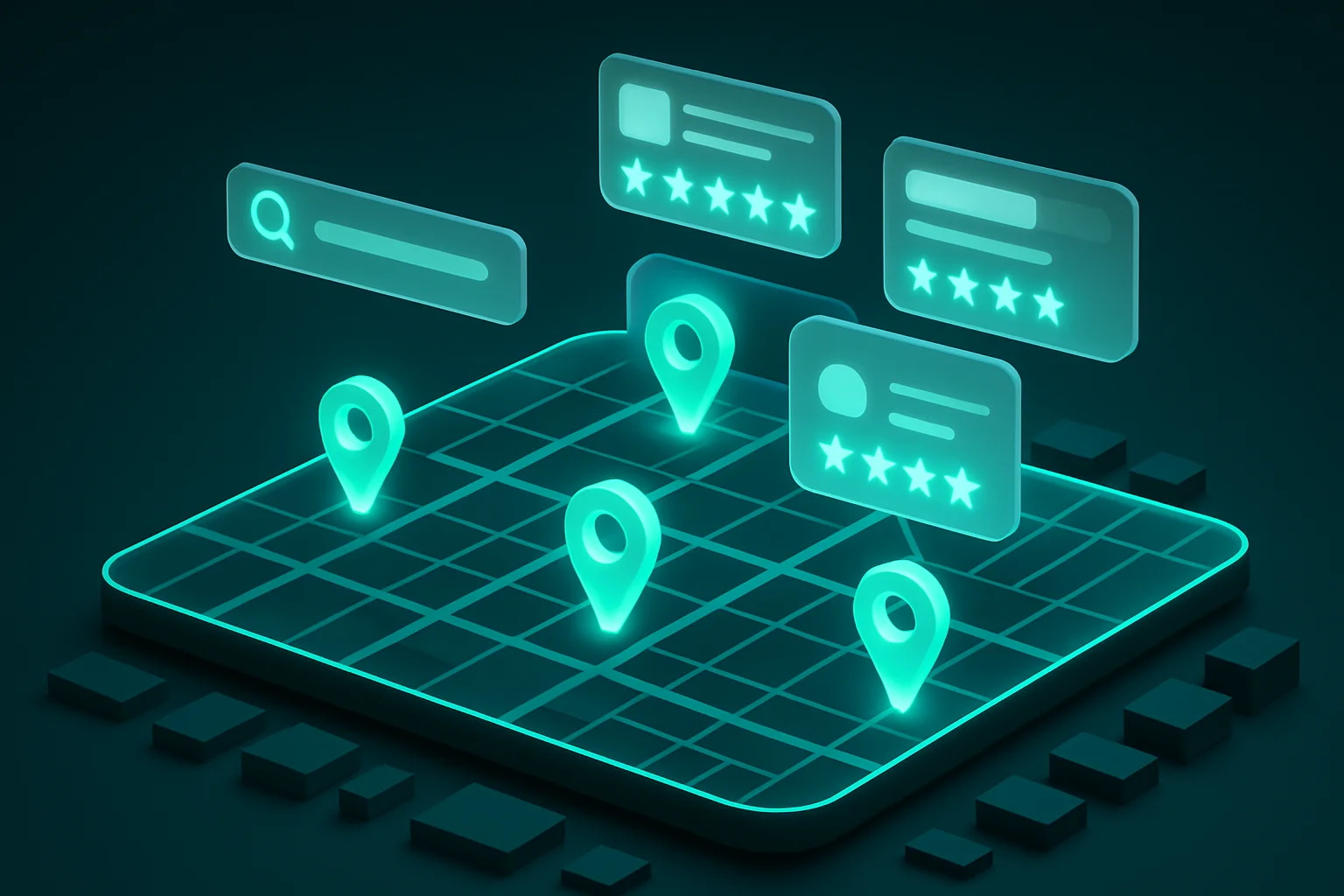 Isometrische 3D-Darstellung eines lokalen Google-Maps-Interfaces mit Bewertungskarten – Google Business Profil optimieren für KMU
