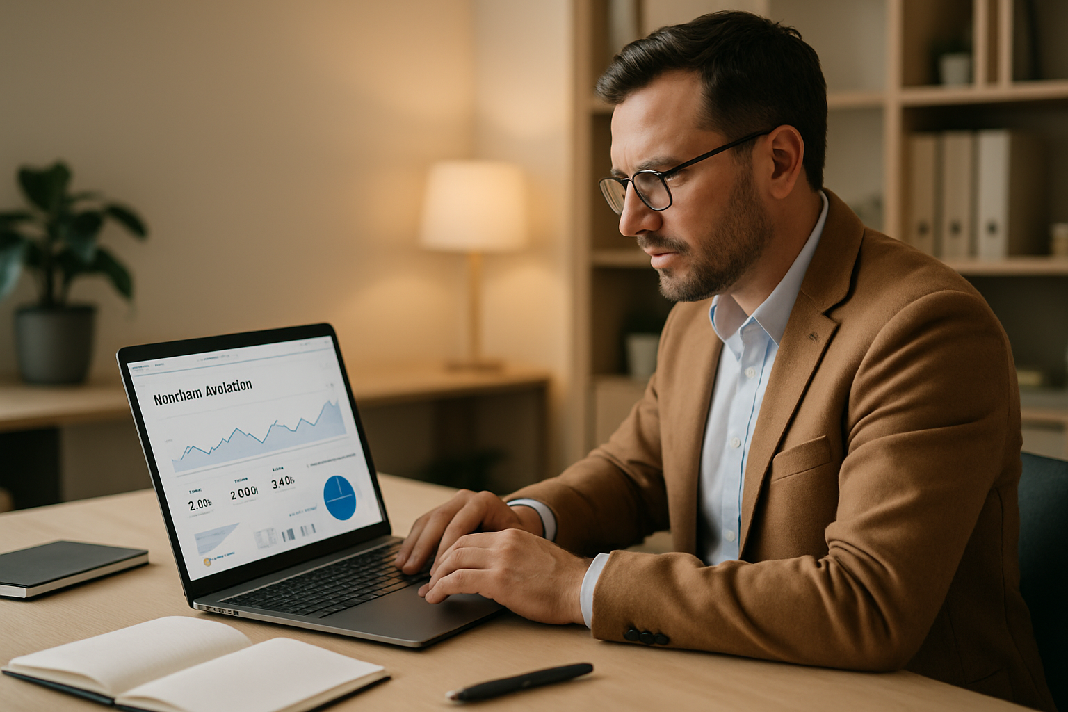 Unternehmer am Laptop analysiert Website-Anfragen und Leadgenerierung für sein KMU