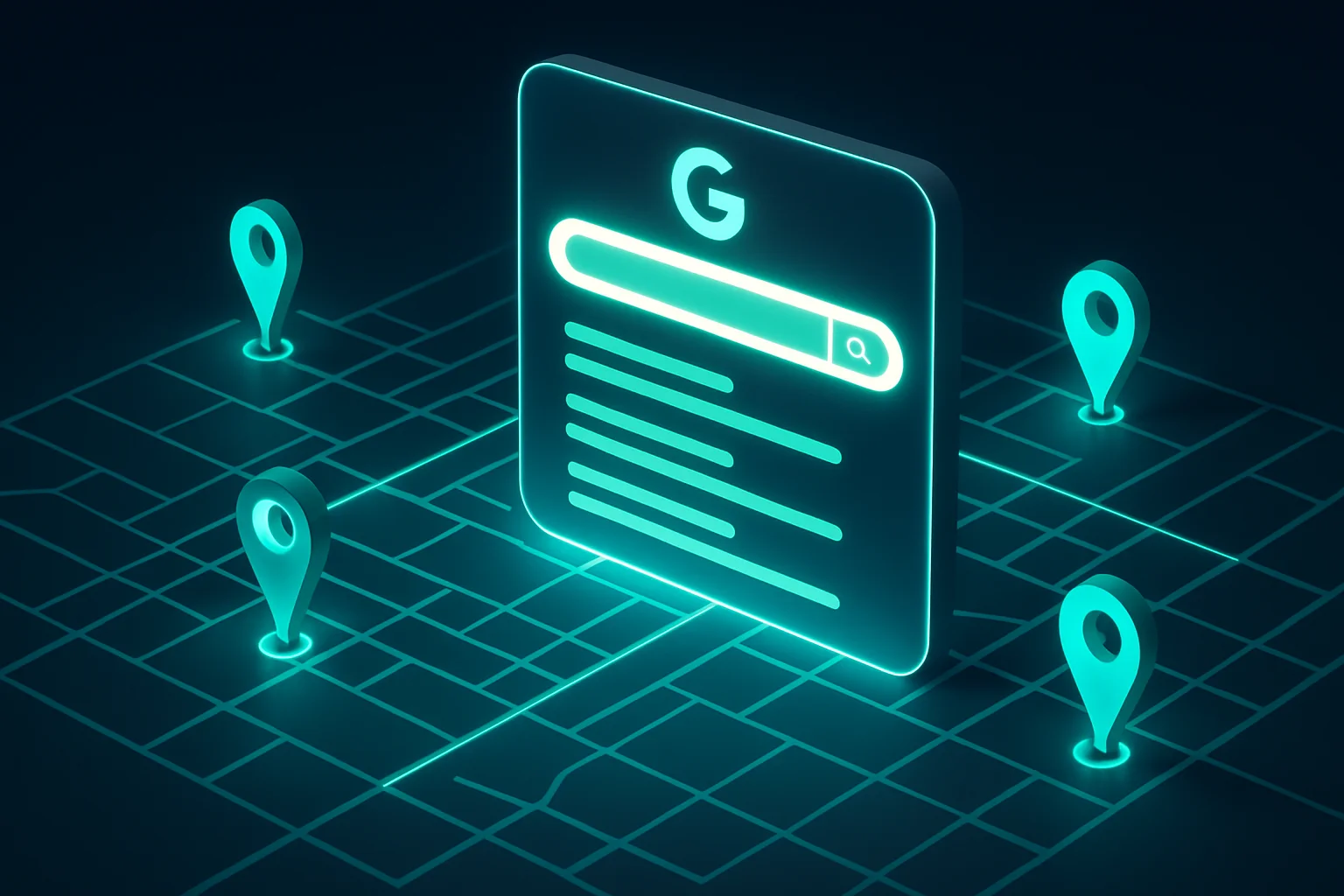 Isometrisches 3D-Dashboard mit lokalen Google-Suchergebnissen und leuchtenden Standort-Pins – lokale SEO für KMU