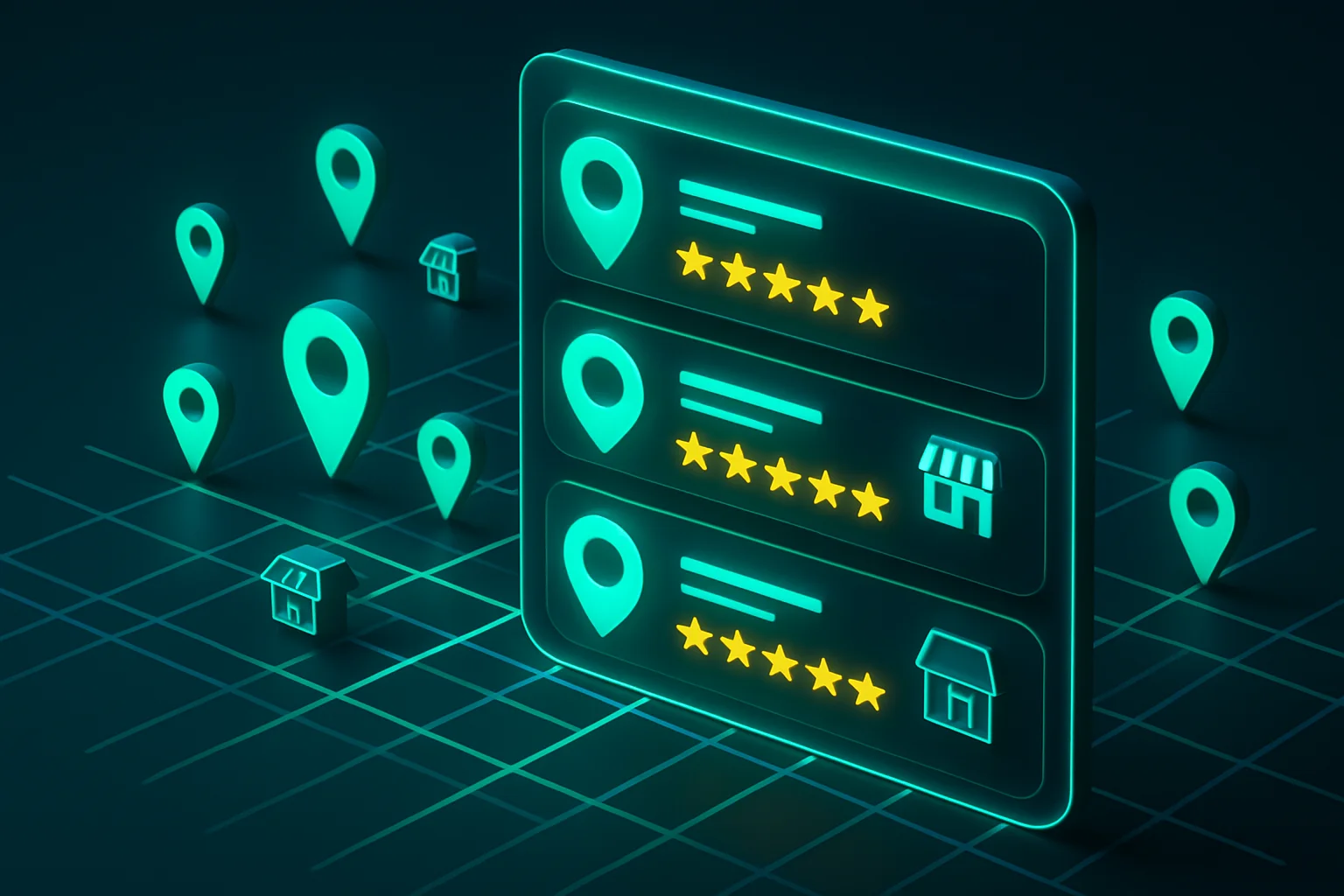 Isometrische 3D-Darstellung einer lokalen Google-Suchergebniskarte mit leuchtenden Standort-Pins und Shop-Icons – symbolisiert lokale SEO für Unternehmen