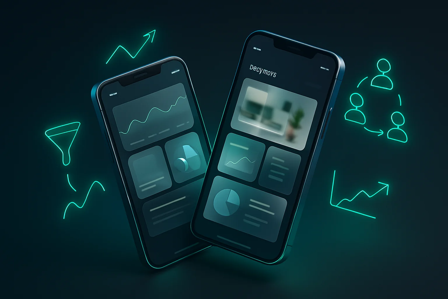 Isometrische 3D-Darstellung moderner Smartphone-Websites mit Glasmorphismus-UI – Mobile Website für Unternehmen