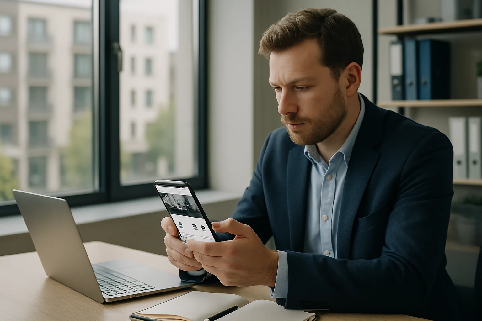 Unternehmer schaut auf Smartphone und prüft seine mobile Website – mehr Kunden durch mobile Optimierung
