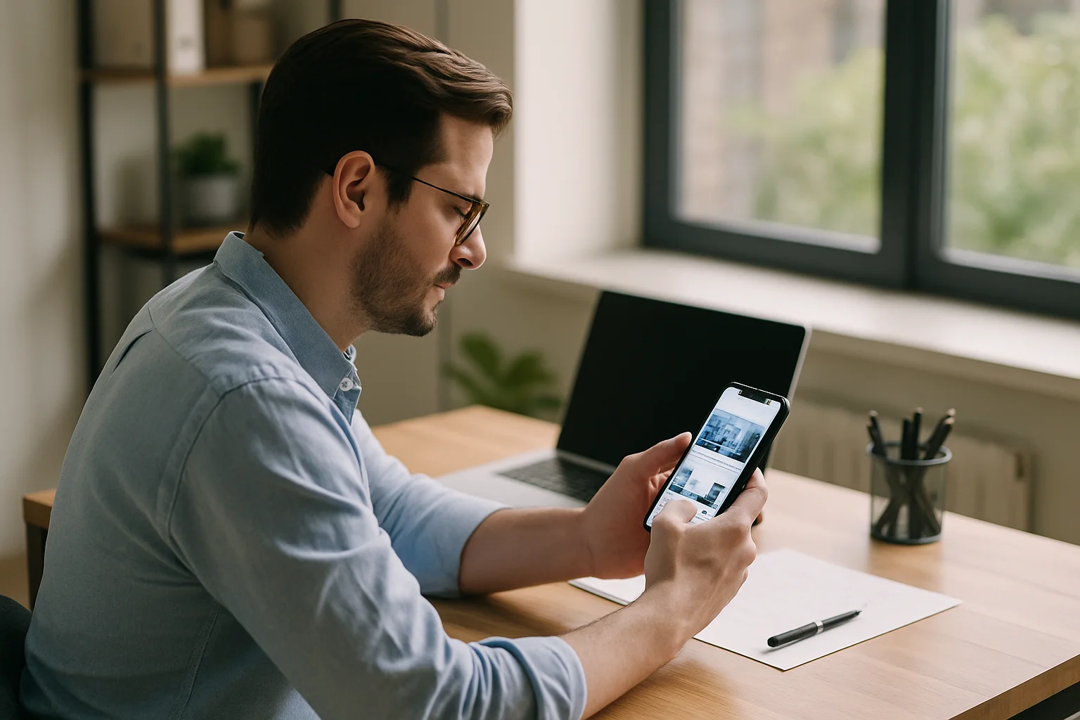Unternehmer prüft seine Firmenwebsite auf dem Smartphone – mobile Website Optimierung für KMU