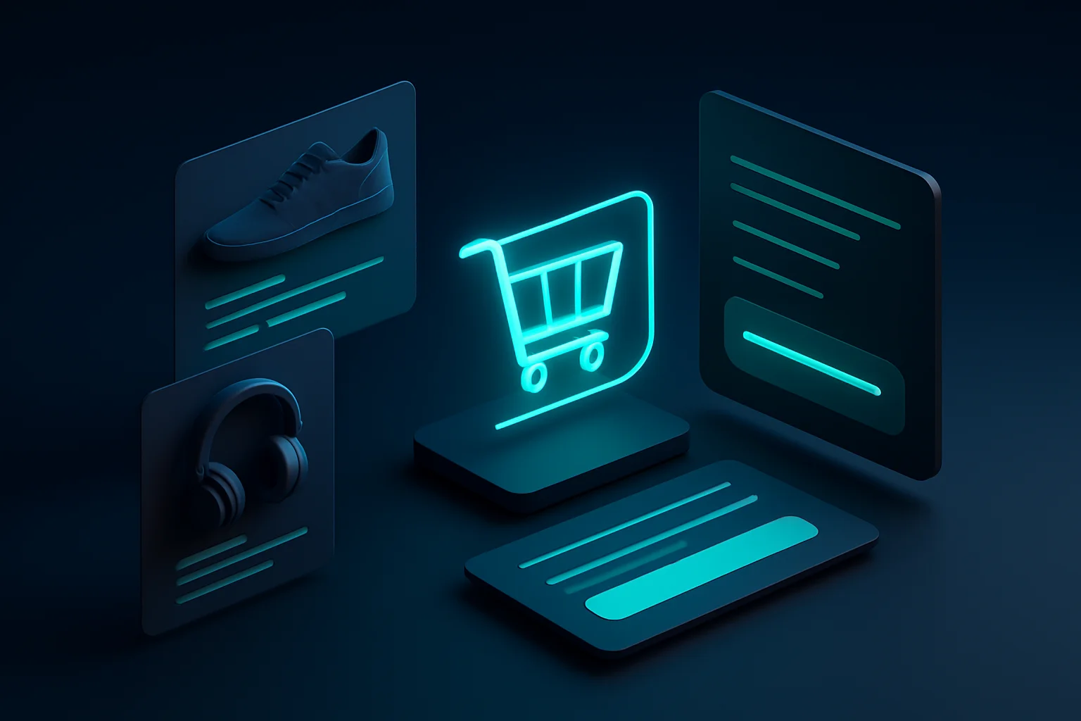 Modernes 3D-Rendering eines E-Commerce-Checkouts mit schwebenden Produktkarten – Online-Shop erstellen lassen für KMU