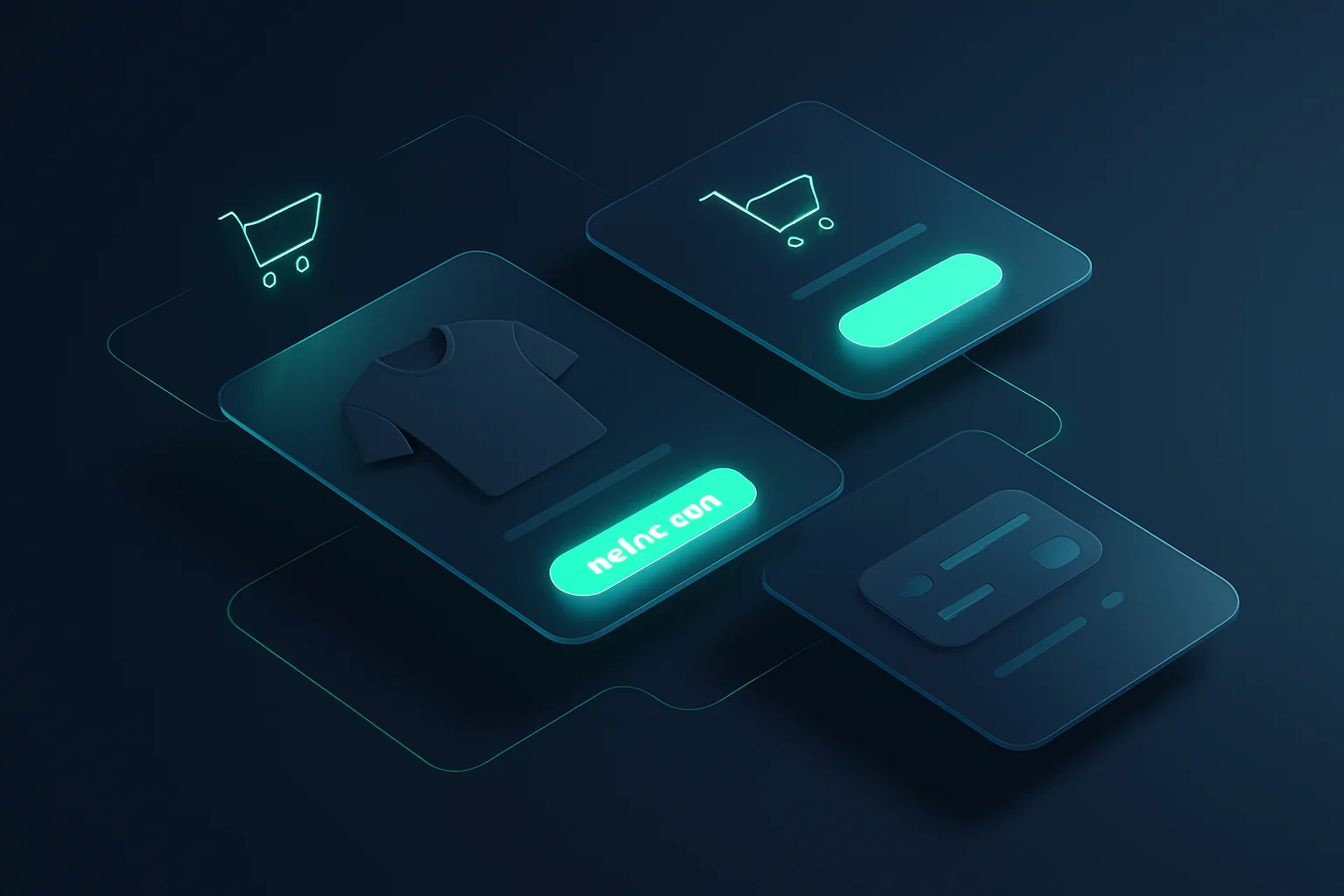 Isometrisches 3D-Render eines modernen E-Commerce-Checkouts mit schwebenden Produktkarten – Online-Shop für KMU