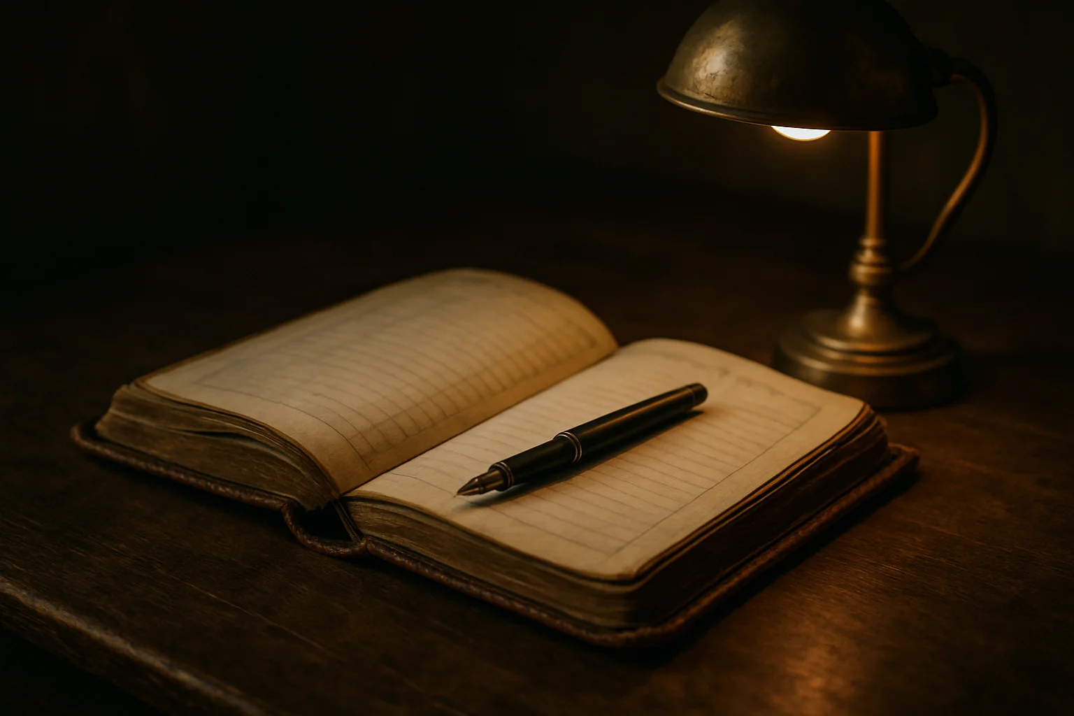 Vintage-Schreibtisch mit aufgeschlagenem Tagesplaner, Stift und einer kleinen Tischlampe – symbolisiert analoge Terminplanung im Kontrast zur digitalen Buchung