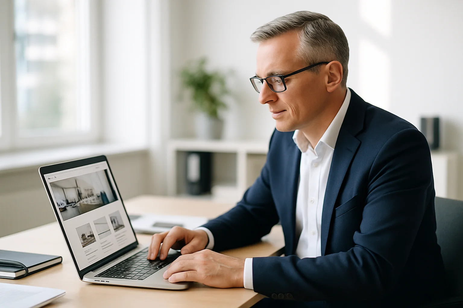 Unternehmer prüft professionelle Website auf Laptop – Website erstellen lassen für KMU