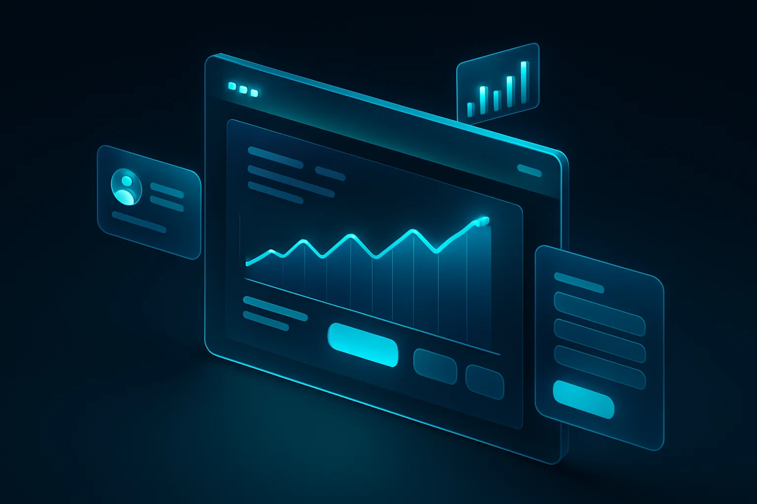 Isometrische 3D-Darstellung einer modernen Unternehmenswebsite mit Analyse-Charts und Lead-Benachrichtigungen – professionelle Website für KMU