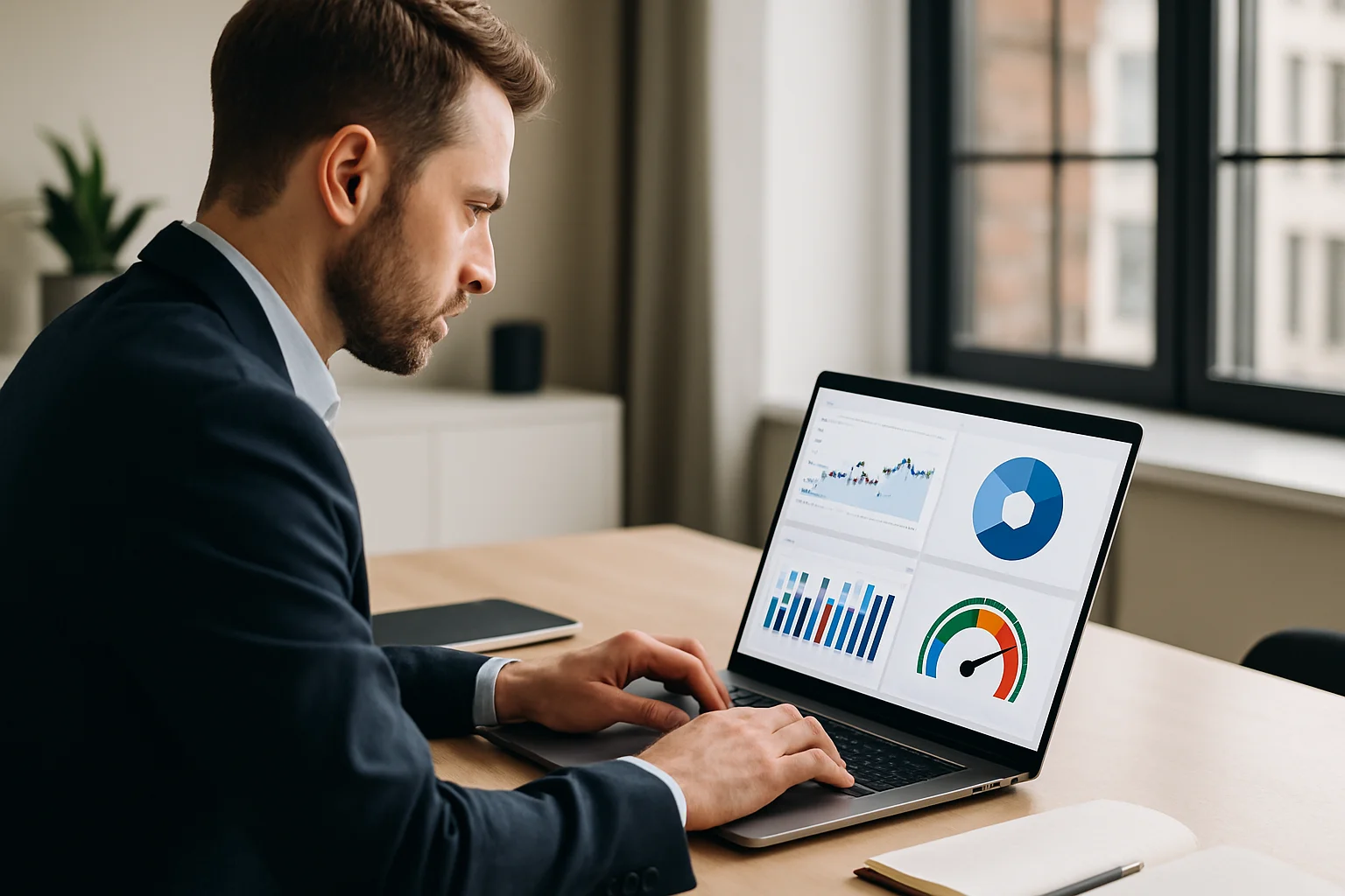 Unternehmer analysiert Ladezeit und Performance seiner Website auf einem Laptop – Website-Optimierung für mehr Kunden