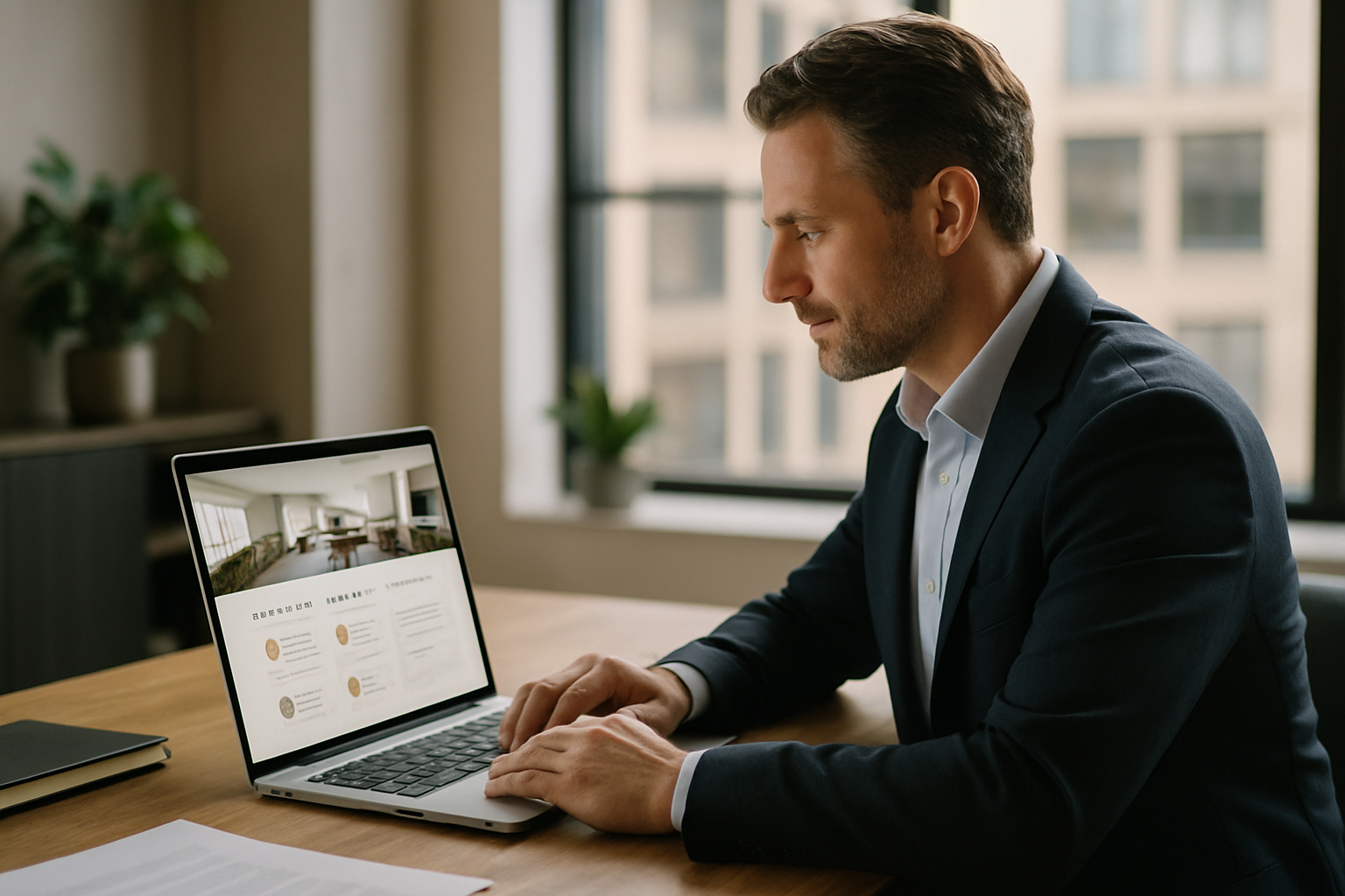 Unternehmer betrachtet professionelle Firmenwebsite auf Laptop – Vertrauen und Kundengewinnung durch Website