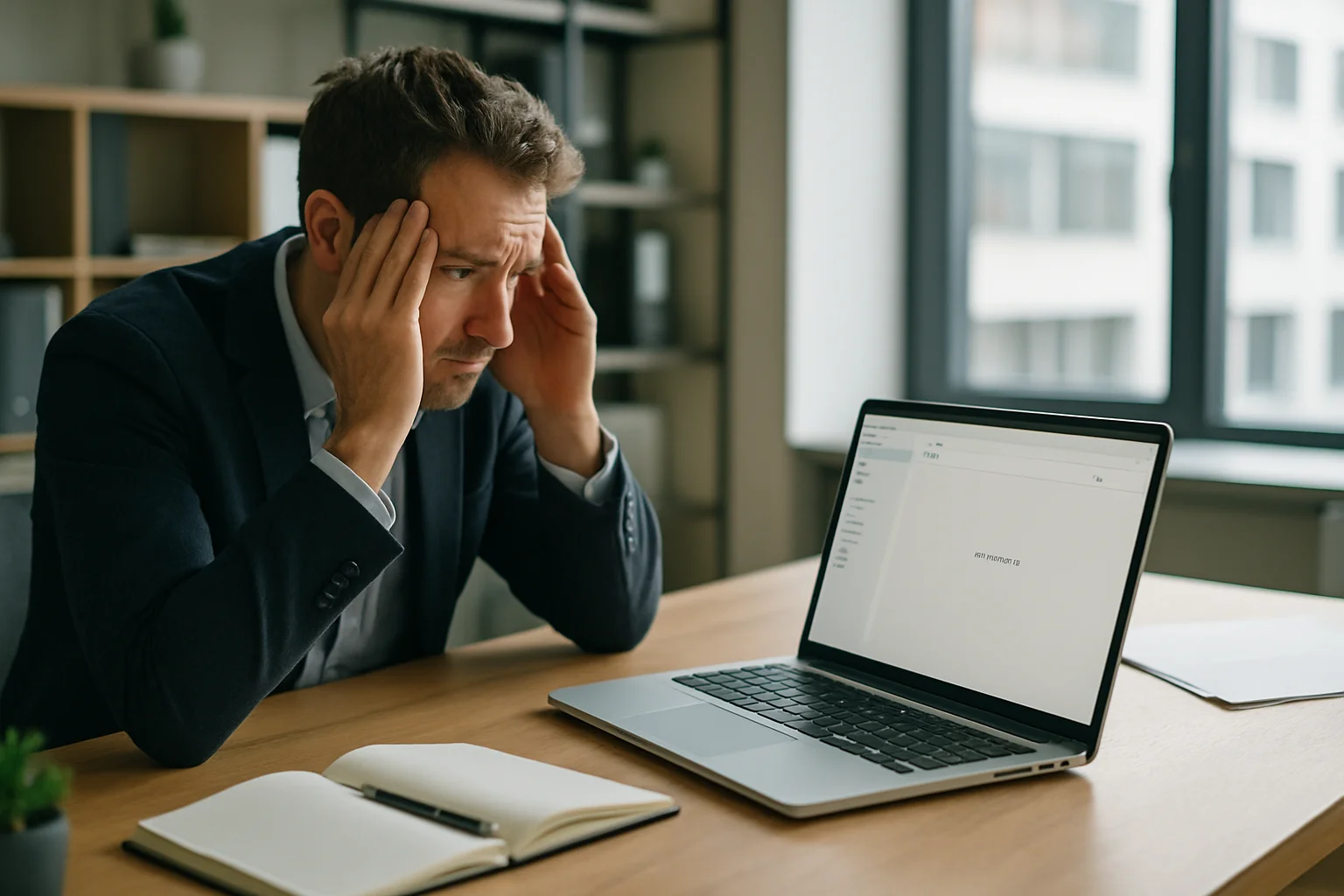 Unternehmer schaut frustriert auf Laptop mit leerer Anfragen-Inbox – Website bringt keine Kunden
