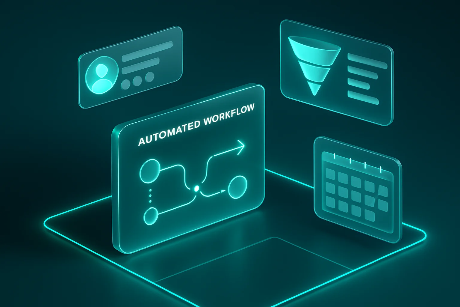 Isometrisches Dashboard-Render zeigt automatisierte Website-Workflows mit Lead-Benachrichtigungen und Terminbuchungen – Symbolbild für Website-Automatisierung für KMU