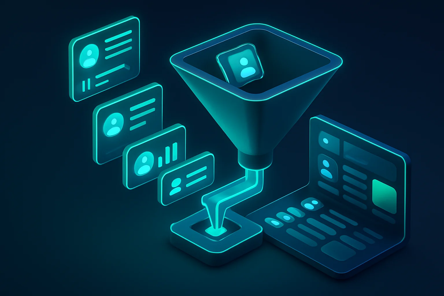 Isometrische 3D-Illustration einer automatisierten Website-Pipeline mit Leadgenerierung und Conversion-Dashboard