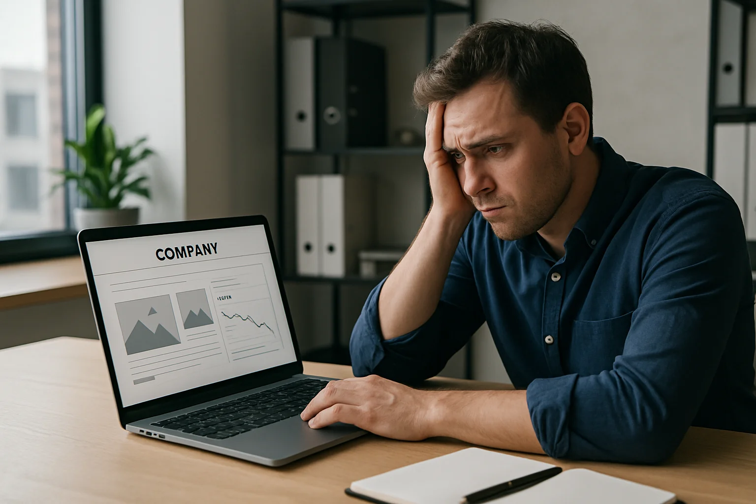 Unternehmer schaut auf schlecht gestaltete Unternehmenswebsite – typische Website-Fehler, die Kunden kosten