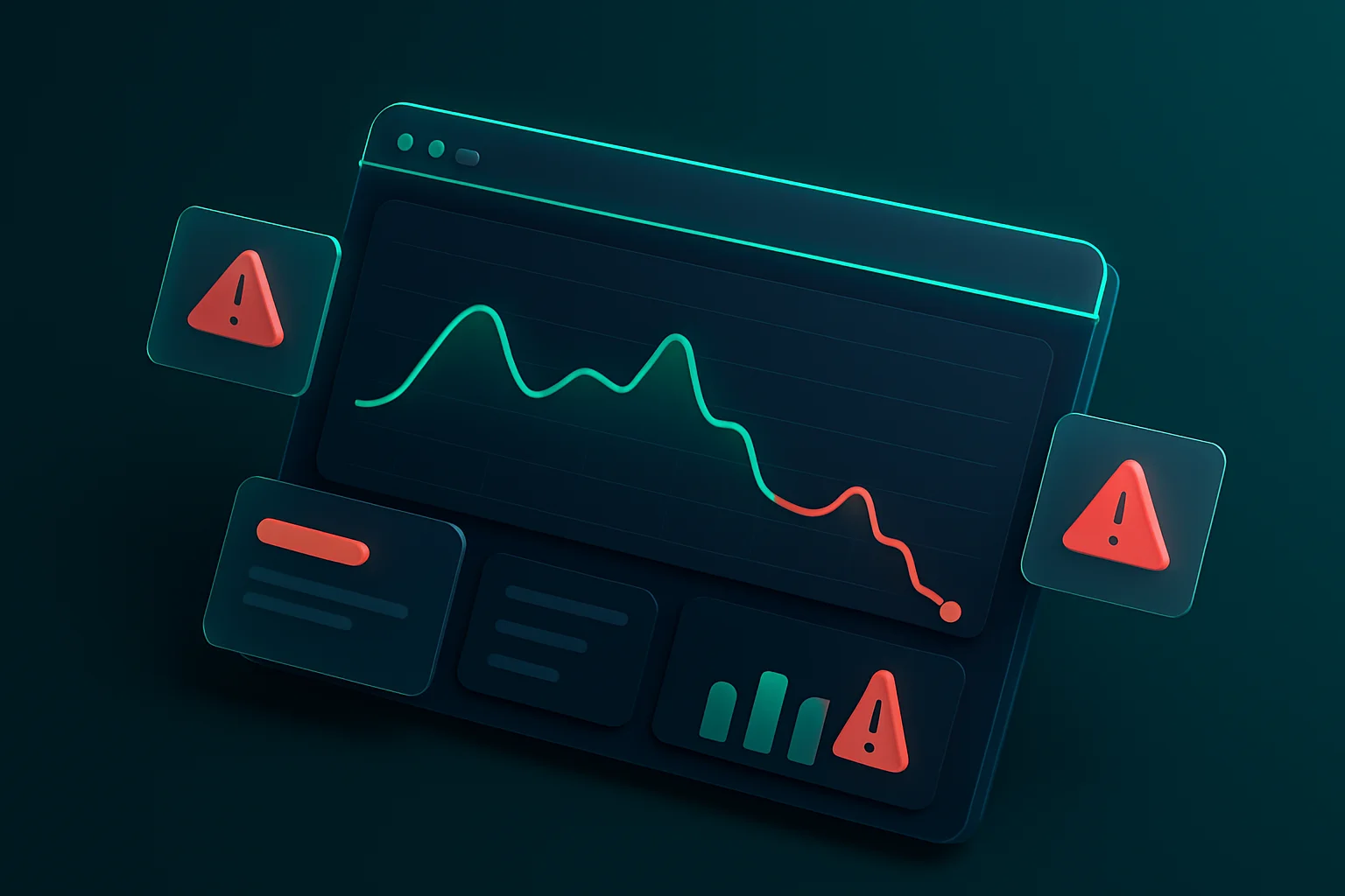 Isometrisches 3D-Dashboard mit Website-Analysedaten und Fehler-Indikatoren – Website-Fehler die Kunden kosten