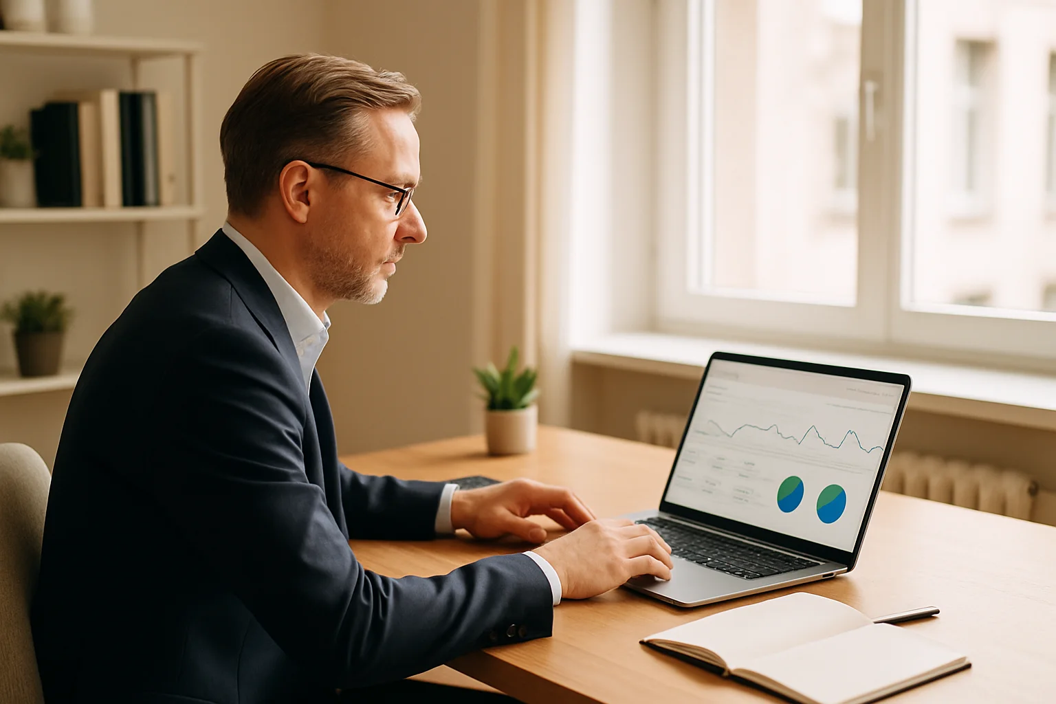 Unternehmer analysiert Website-Performance am Laptop – Website-Investition für KMU