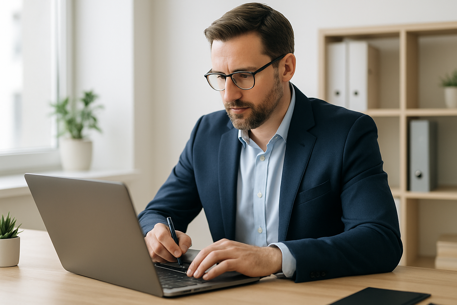 Unternehmer arbeitet an einem Laptop an professionellen Website-Texten für mehr Kundengewinnung